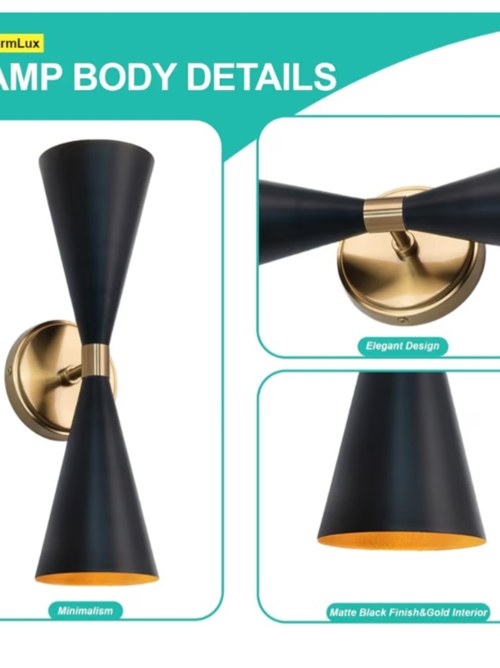 Modern And Sleek Double Cone Wall Sconces in Matte Black and Gold - Pair - Picture 7 of 8